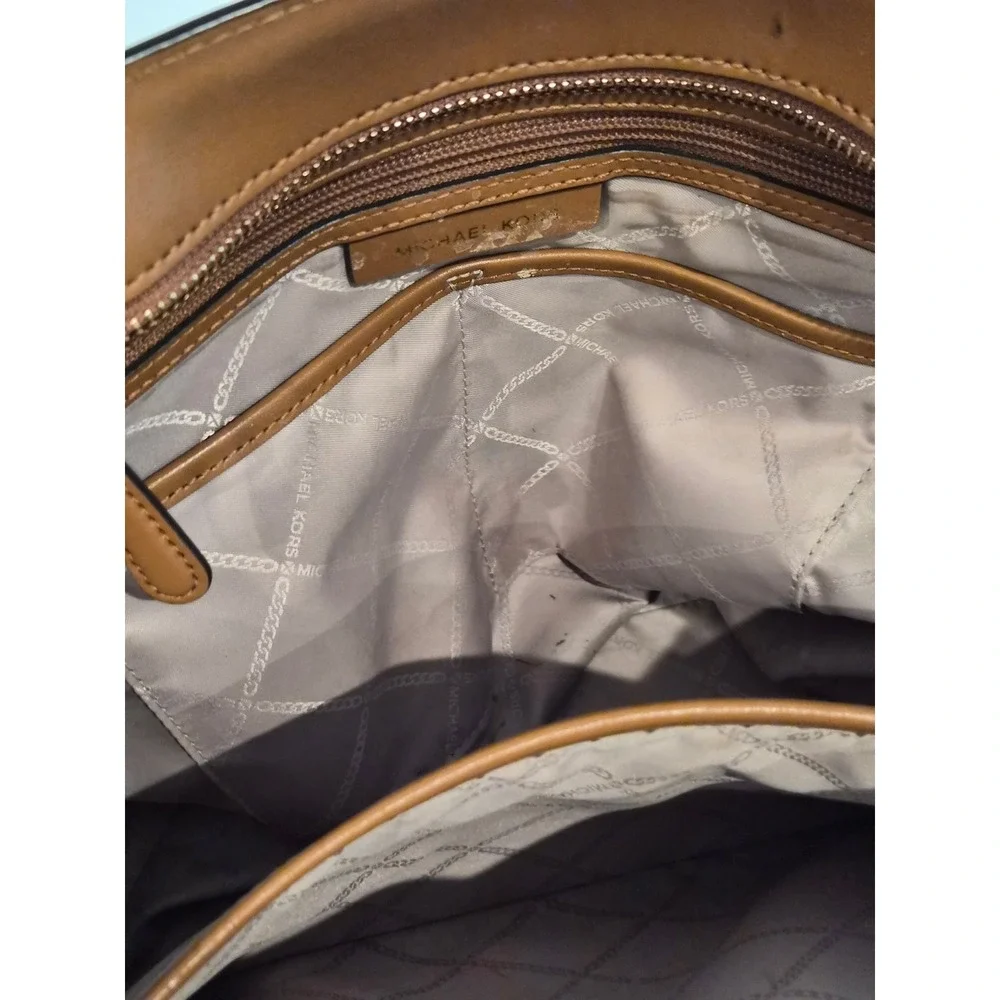 Michael Kors Signature MK‎ Monogram Tote Bag Tan Leather Trim Cream BrownLarge